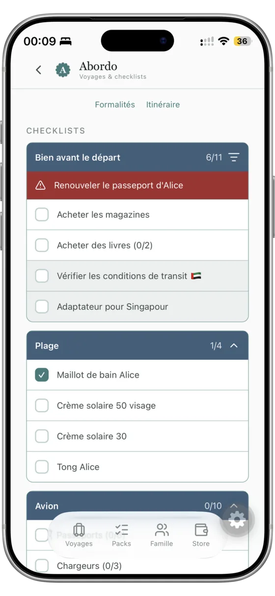 Checklists d'un voyage avec passeport à renouveler en rouge