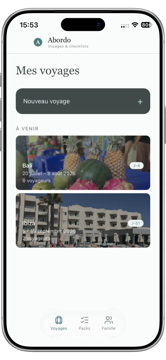 Liste des voyages à venir avec compte à rebours
